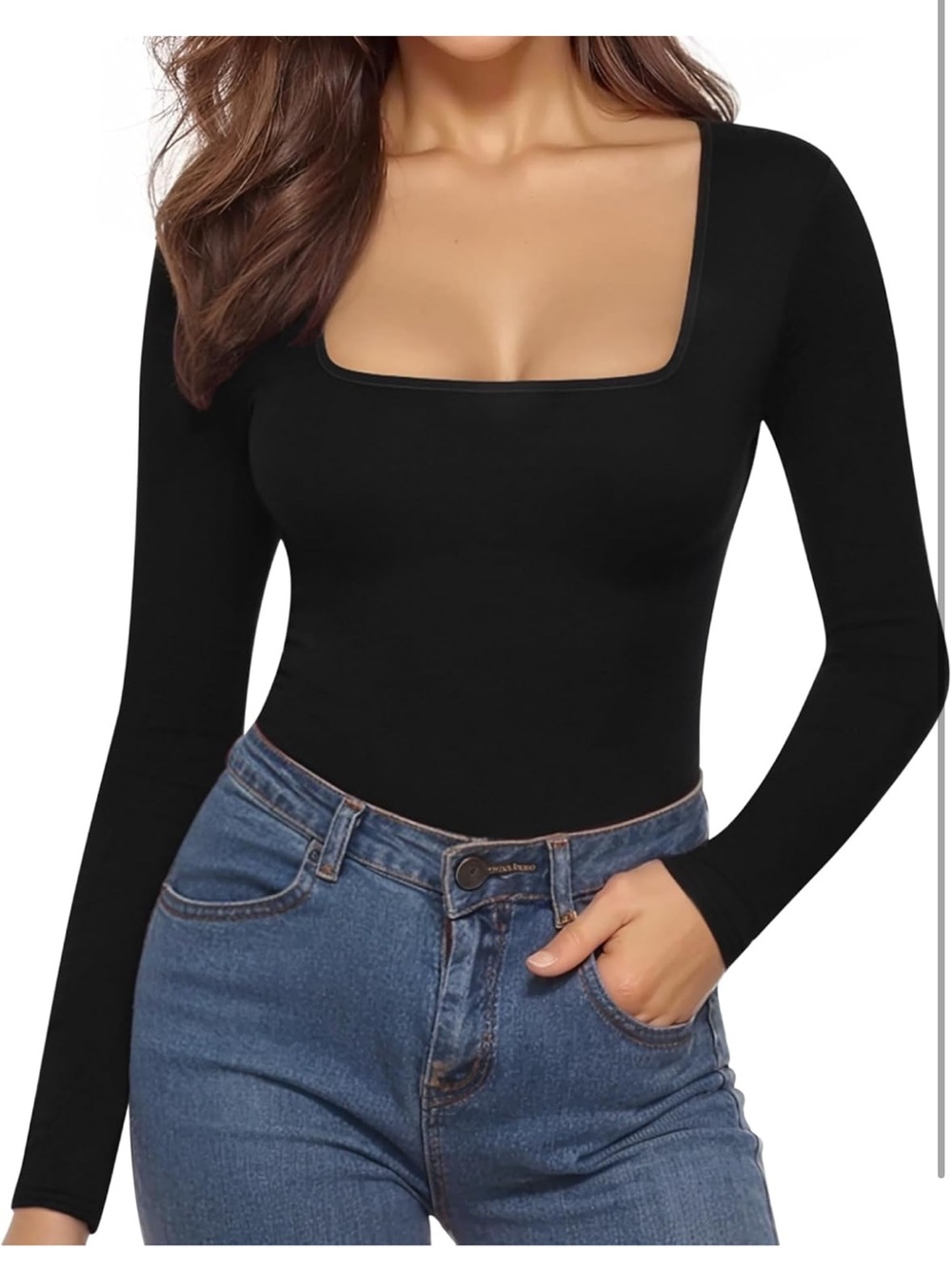 Mangopop Women’s Black Square Neck Long Sleeve Bodysuit